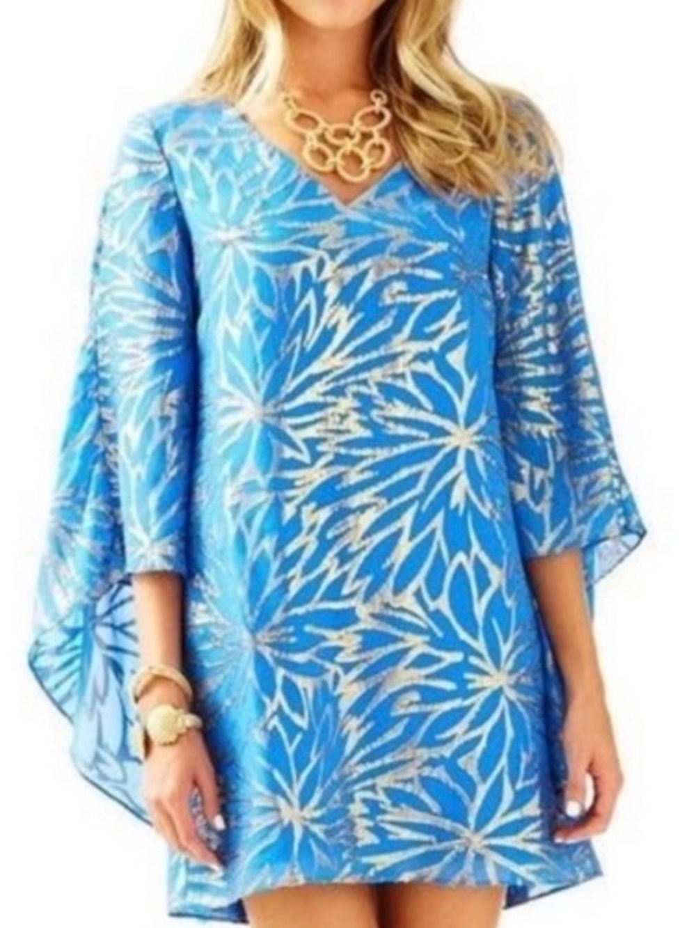 Lilly Pulitzer Metallic silk cape caftan dress blue